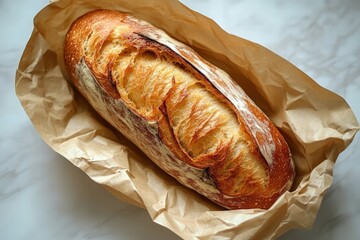 top-down perspective of a crumpled brown paper bag holding a warm, crusty baguette, set against a serene light gray tabletop