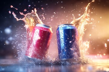 Colorful Soda Cans with Splashing Water