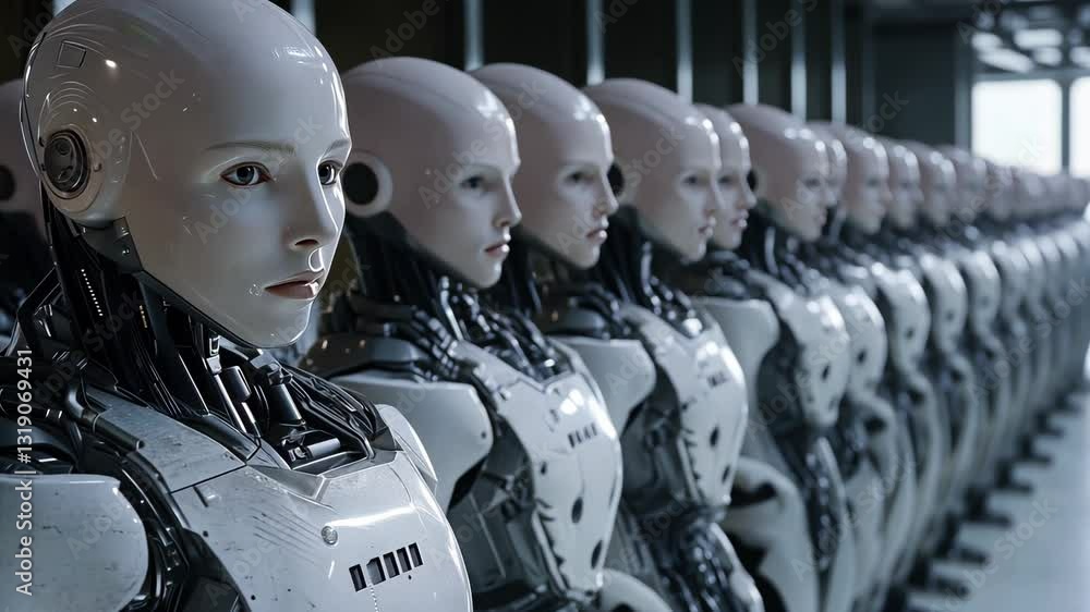 Poster humanoid robots stand in neat rows in a modern industrial space with bright overhead lighting