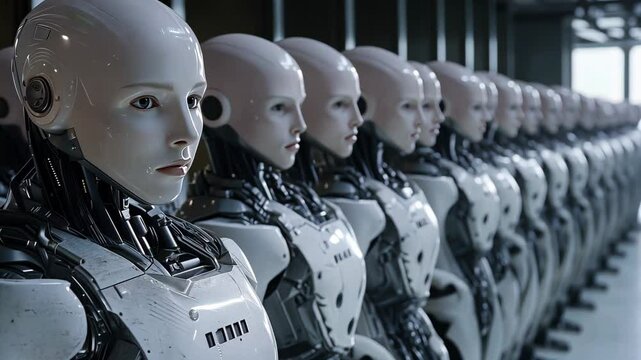 Humanoid robots stand in neat rows in a modern industrial space with bright overhead lighting