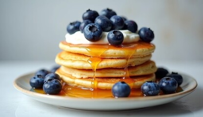 Delightful stack of golden pancakes topped with fresh blueberries, creamy yogurt, and honey drizzle, perfect for a breakfast full of flavor and visual appeal