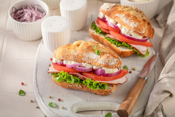 A healthy and tasty sandwich with chicken, onion, and mayonnaise.
