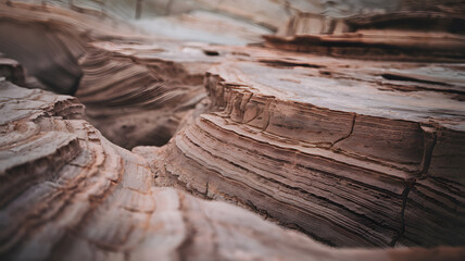 Close-up of intricate layered rock formations with subtle textures and earthy tones, showcasing natural geological patterns and detailed mantle structures. Earth science and geology concepts.