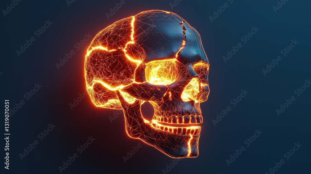 Aufkleber glowing skull with intricate network of neon lines and texture