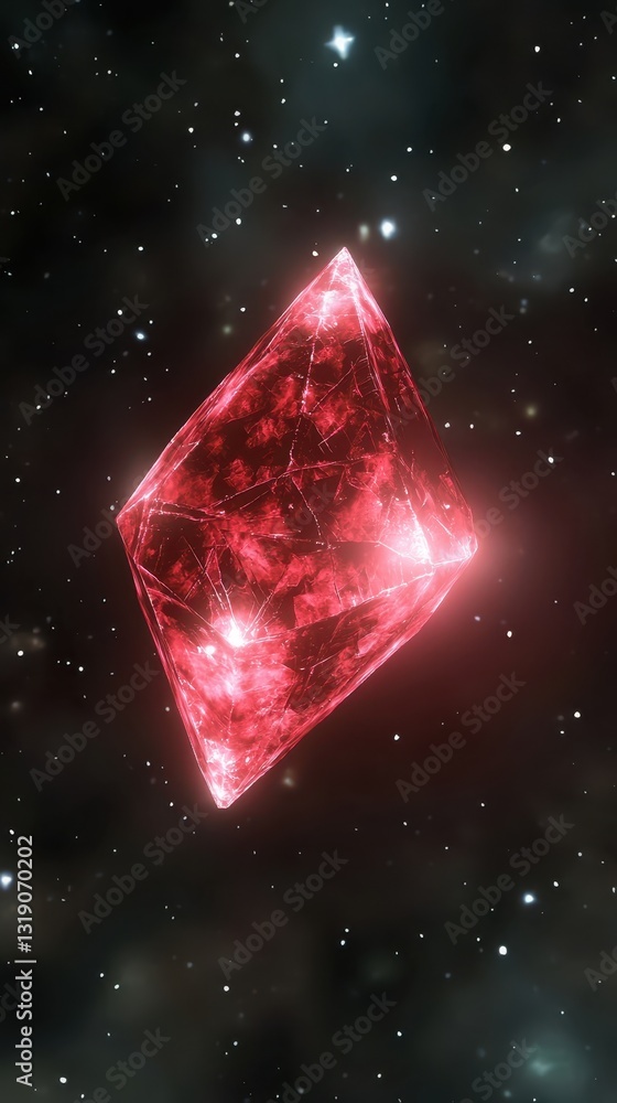 Poster glowing red crystal floating in outer space with stars background
