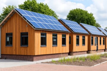 Naklejka premium Modern solar powered wooden house with large windows in sustainable residential community eco friendly housing development with renewable energy