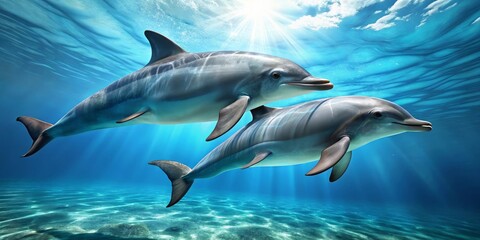 Obraz premium Oceanic Duo Graceful Dolphins Swimming in Sunlit Waters