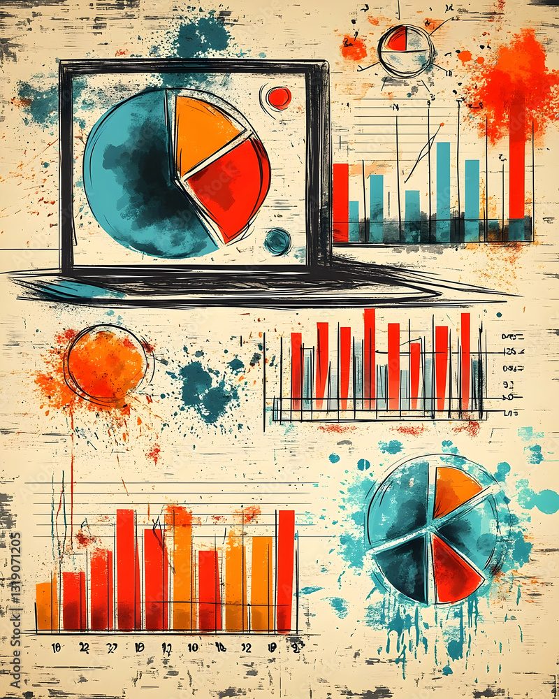 Poster colorful charts and graphs displayed on a textured background, with paint splatters adding a creativ