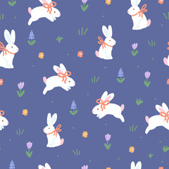 Bunnies with Bows and Flowers Seamless Pattern