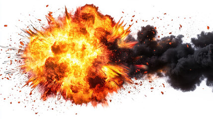Dynamic explosion with fiery colors and smoke, depicting energy and power. isolated on white background.
