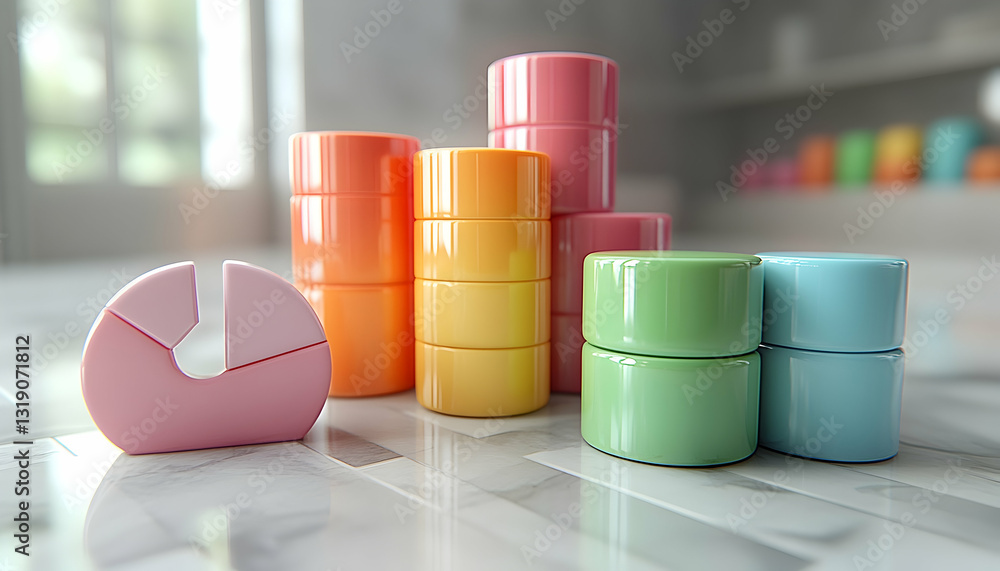 Poster colorful cylindrical blocks form a bar and pie chart, representing data or progress on a marble surf
