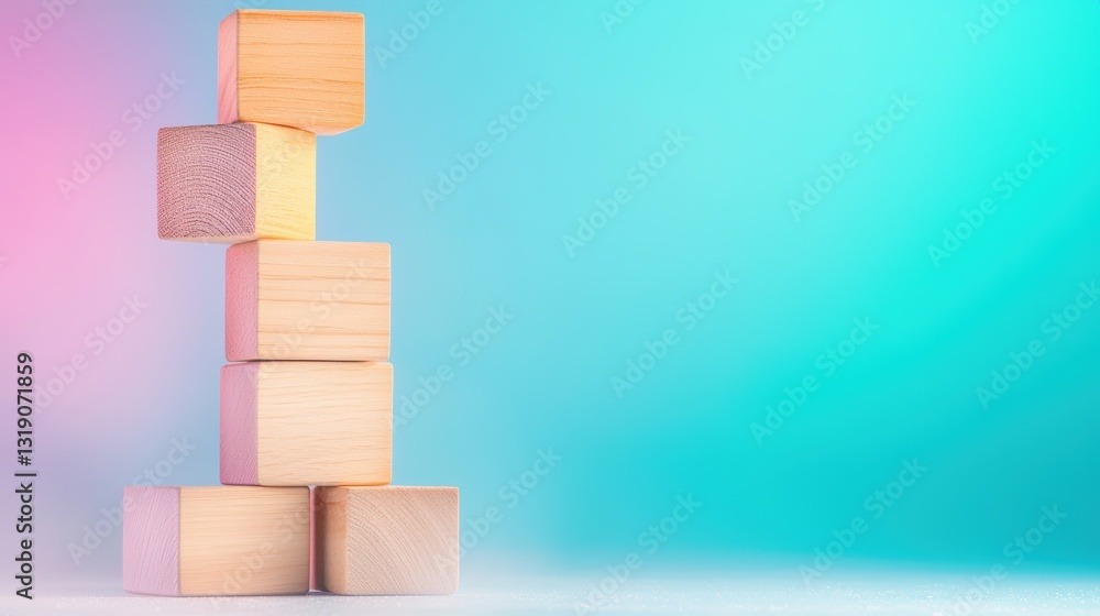 Poster a stack of wooden blocks against a colorful gradient background, showcasing simplicity and creativit