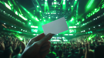 Hand Holding Blank Business Card in Vibrant Concert Atmosphere