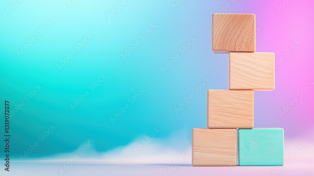 Poster a stack of wooden blocks in various colors on a soft gradient background, creating a playful and cre