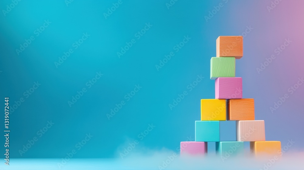 Poster a colorful arrangement of stacked blocks against a vibrant blue background, creating a playful and c