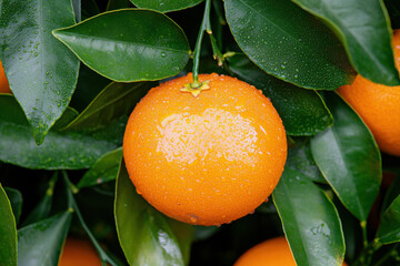 Fresh orange hanging on a tree branch surrounded by vibrant green leaves.