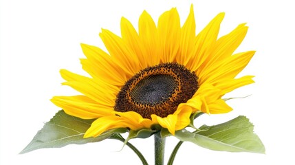 Obraz premium Vibrant sunflower with bright yellow petals and dark center against a white background.