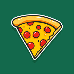 Vector illustrated pizza slice with pepperoni and golden crust on green background. Perfect for food-themed designs, ads, or Logos.