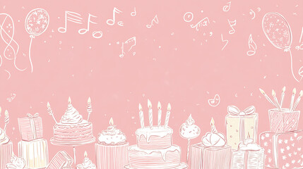 Whimsical birthday celebration backdrop with cakes, presents and musical notes in pink tone
