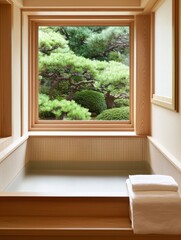 Fototapeta premium A serene view from a wooden bath, showcasing lush greenery through a large window, creating a tranquil and inviting atmosphere.