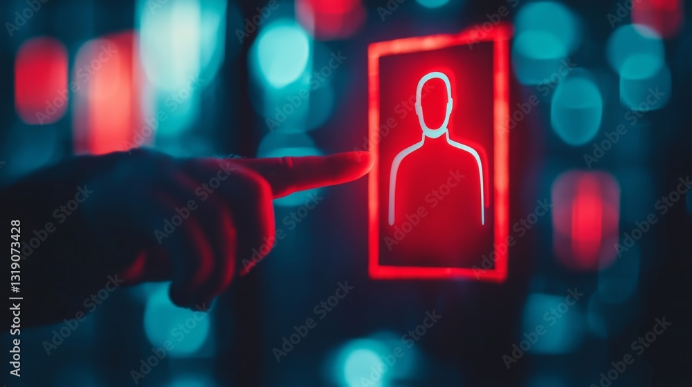 Aufkleber hand gesture pointing towards red icon of person in digital display