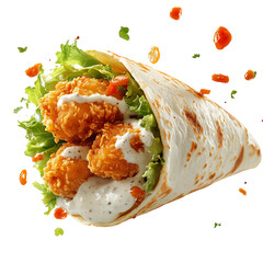A Crispy Fried Chicken Wrap with Ranch Dressing and Lettuce Isolated on Transparent Background