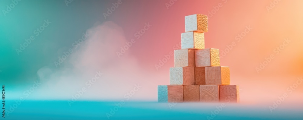 Poster a colorful arrangement of wooden blocks stacked into a pyramid shape against a hazy background with 