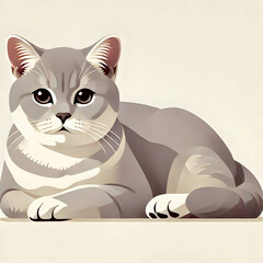 Minimalist illustration of a British Shorthair cat lying down, with soft neutral colors and sleek details on a white background.