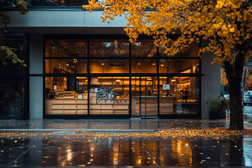 Autumn leaves fall outside a warm cozy shop at night wet rain city wood store glass brown urban