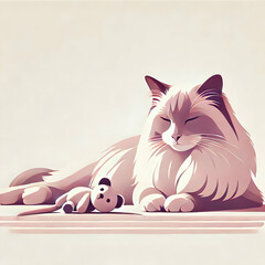 A Ragdoll cat lying peacefully with a soft toy, rendered in a sleek minimalist style with pastel tones on a white background.