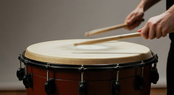 Close-up of hands playing drum with drumsticks