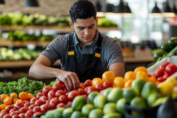 Young man arranging fresh tomatoes and produce at grocery store red food work green fruits market