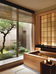 A serene spa interior featuring wooden elements, soft lighting, and a view of a tranquil garden through large windows.