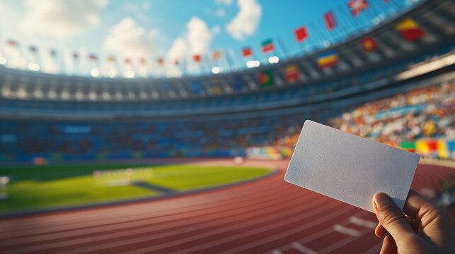 Hand Holding Blank Card in Athletic Stadium with Colorful Flags