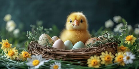 Easter Chicken in a basket among Easter Eggs and daisies, Easter Card.