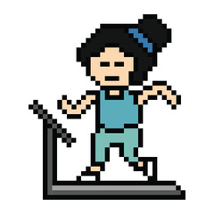 Fototapeta premium Cute cartoon run exercise pixel cartoon 8bit character woman lady run running jog cardio lifestyle decoration life style 8 bit female jog marathon exercise game 8 bit game vector.