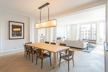 Modern dining room with long wooden table, hardwood floors, and open living area.