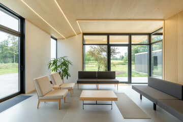 Fototapeta premium Modern interior space featuring minimalist furniture and ample natural light.