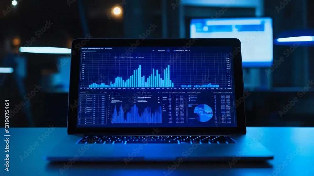 Poster illuminated laptop screen with data visualization in soft blue glow