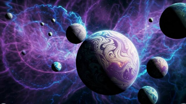 Surreal colorful planets against cosmic nebula with swirling patterns. Space art concept