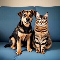A dog and cat sitting next to each other on a blue couch.