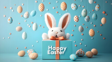 fluffy white rabbit ears popping out of a festive gift box, decorated with ribbons and bow, with hanging colorful easter eggs and “Happy Easter” text in a playful bold font.