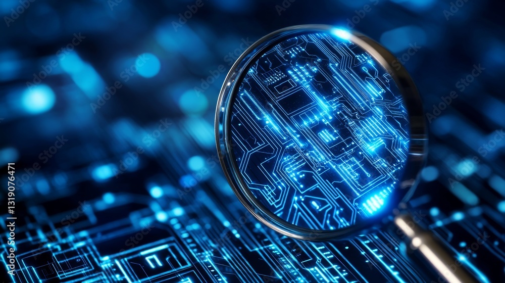 Aufkleber magnifying glass shows intricate patterns in digital circuitry design