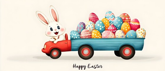 cheerful cartoon bunny driving a colorful truck filled with cute patterned easter eggs, featuring bright festive colors, whimsical design, and “Happy Easter” text in bold font.