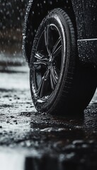 Dramatic close up of a wet car tire in puddles, highlighting contrast with shimmering water