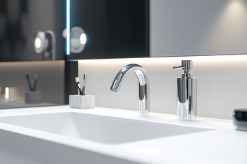 Sleek bathroom sink with modern faucet and stylish soap dispenser on a white countertop.