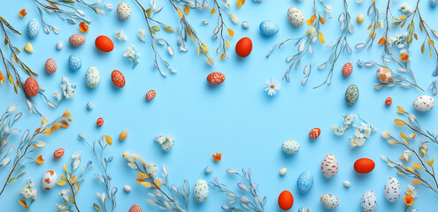 Easter basket, Easter egg, willow branches, spring catkins on a blue background, Easter card, background with space for text