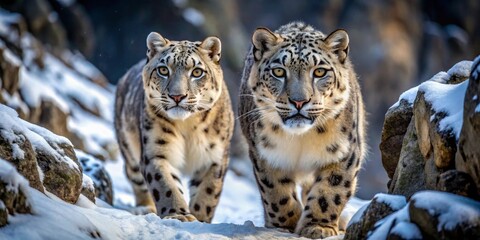 Naklejka premium Majestic Snow Leopards gracefully traverse a snow-dusted rocky landscape, their piercing gaze captivating the viewer.