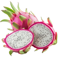 Fresh dragon fruit with vibrant pink skin and green scales, showcasing its unique white flesh and tiny black seeds. tropical delight perfect for healthy eating