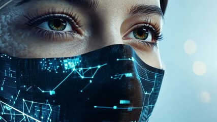 Futuristic woman in mask displaying advanced technology and global communication - Powered by Adobe